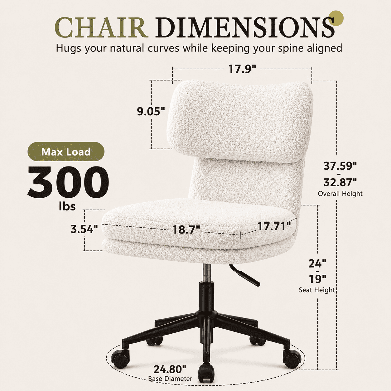 CLOUDREST PRO Mid Back Office Chair with Wheels, Armless Chairs with Adjustable Height, Wider Seat and Backrest, Sherpa Fabric Computer Desk Chair for Bedroom, Living Room,White