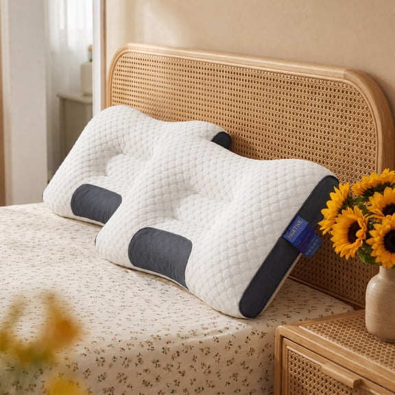 2 neck pillows, breathable fabric, detachable zipper cover, ergonomic support, all-season use.(gray white)