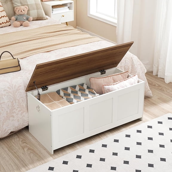Storage Bench, 39.3" Retro Wooden Storage Chest, Wooden Storage Trunk, Toy Chest with Lift Top, Multifunctional Entryway Organizer, for Entryway, Living Room, White and Walnut WH141CW01
