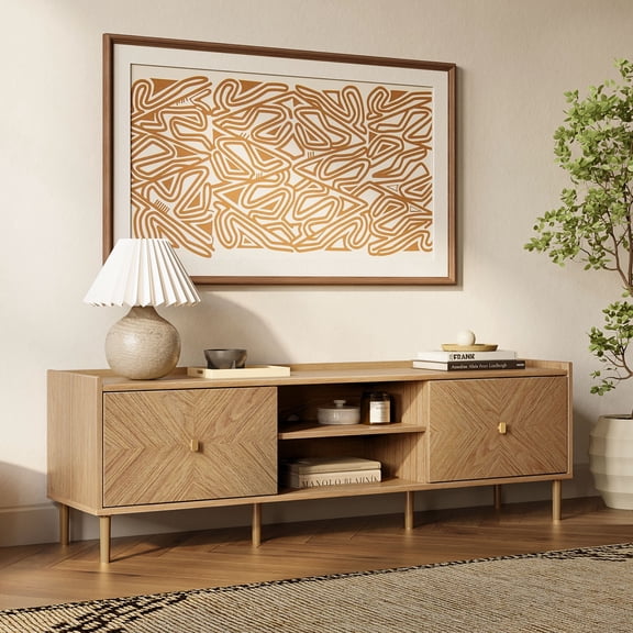 LuxenHome Summer Oak Manufactured Wood 2-Door 63" Wide TV Console Cabinet