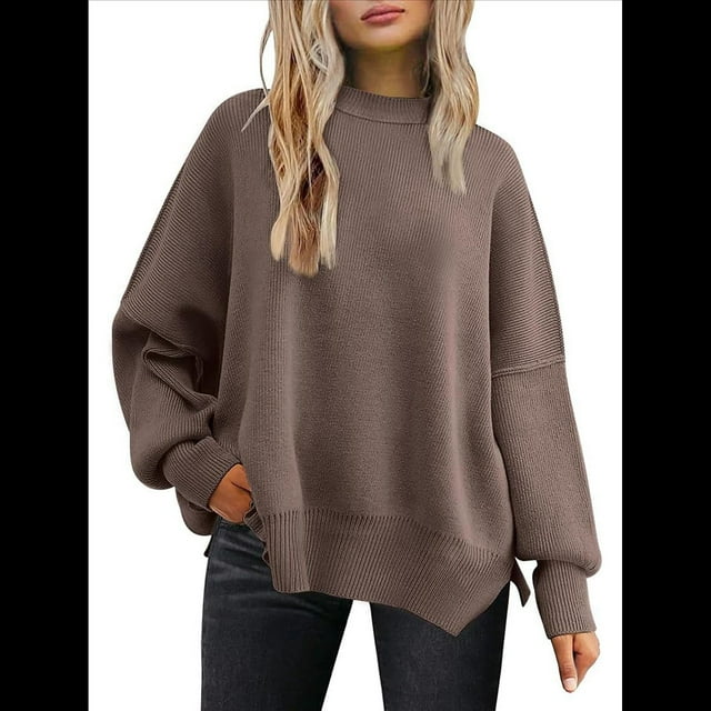Suéteres de Murciélago Extragrandes para Mujer, Conjuntos de Otoño 2025, Suéteres de Cuello Redondo de Punto con Abertura Lateral, Tops de Moda. Marrón XL