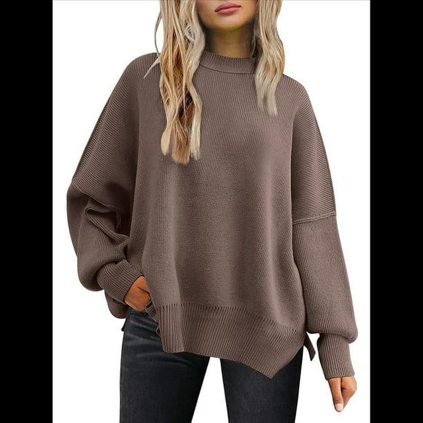 Suéteres de Murciélago Extragrandes para Mujer, Conjuntos de Otoño 2025, Suéteres de Cuello Redondo de Punto con Abertura Lateral, Tops de Moda. Marrón L