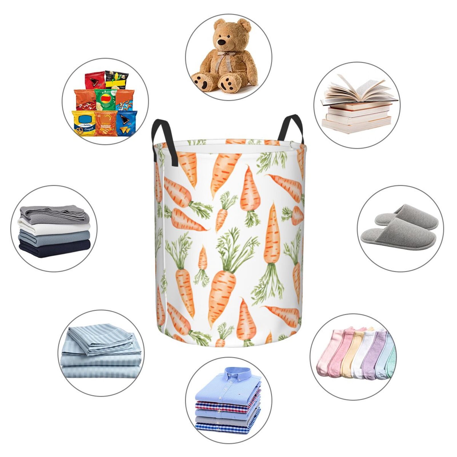 Large Laundry Basket with Handles - Carrot leaf Pattern white Kids Baby Dirty Clothes Laundry Hamper for Bedroom Aesthetic