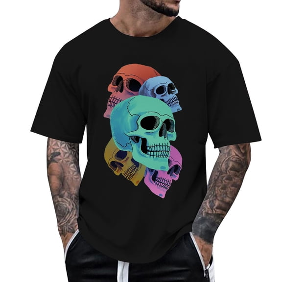 Landzoo Halloween T Shirt For Men Skull Print Short Sleeve Crew Neck Shirt Party Cozy Soft Men Tees Size L Black