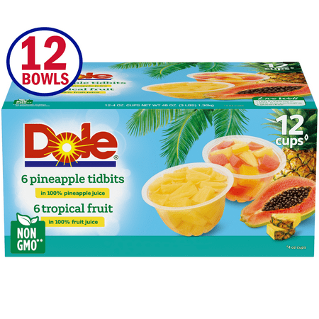 (12 Cups) Dole Tropical Fruit and Pineapple Tidbits Variety Pack in 100% Juice, 4oz Bowls
