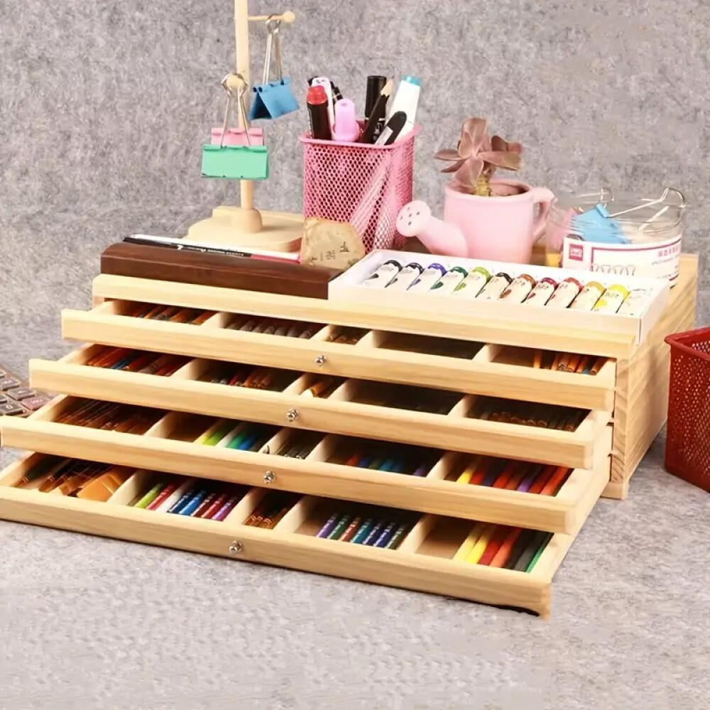 4/6-Tier Wooden Art Supply Organizer with Drawers – Multi-Compartment Storage Box for Pencils, Markers, Brushes & Tools – Portable Craft Caddy – Desk & Drawer Organizer