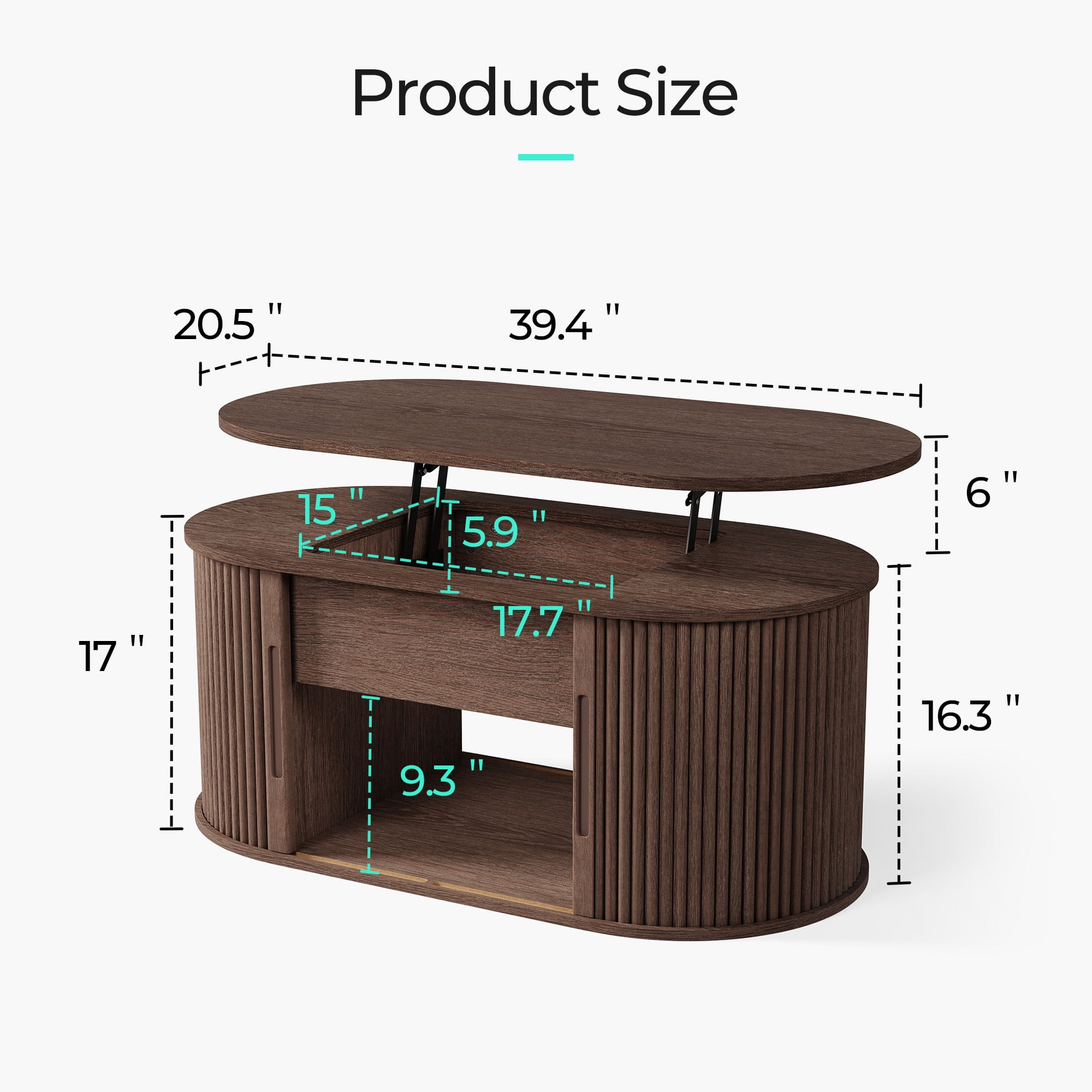 Linsy Home Lift Top Fluted Coffee Table with Storage, Mid-Century Coffee Table for Living Room with Sliding Tambour Door, Walnut