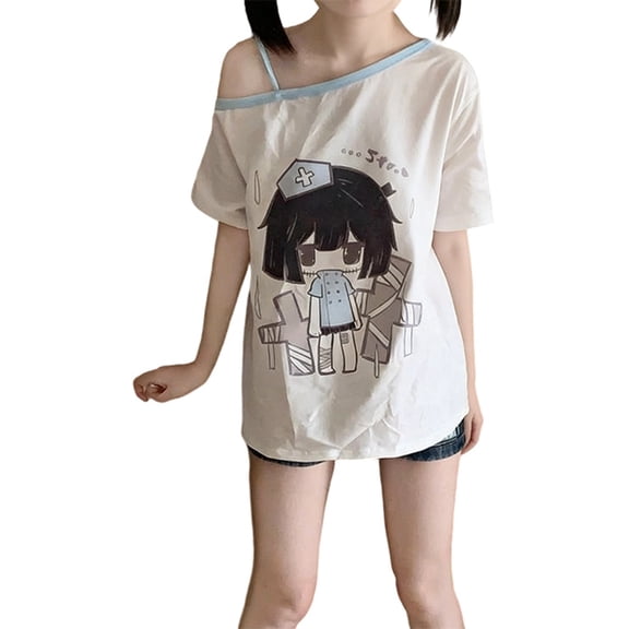 Tiweut Women Tshirt Off Shoulder Loose Summer Short Sleeve Crewneck Anime Graphic Tee Regular Tops