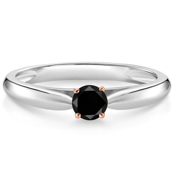 Gem Stone King 10K White and Rose Gold Black Diamond Solitaire Engagement Ring for Women (0.17 Cttw, Gemstone April Birthstone, Round 3.5MM, Size 7)