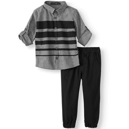 Beverly Hills Polo Club Long Sleeve Chambray Striped Button Up Shirt, Drawstring Twill Joggers, 2pc Outfit Set (Toddler