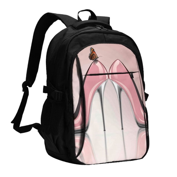 Balery High Heel Shoes Butterfly Mochila con carga USB para hombre y mujer - Mochila impermeable y antirrobo para portátil con puerto USB para viajes, trabajo, estudios y universidad
