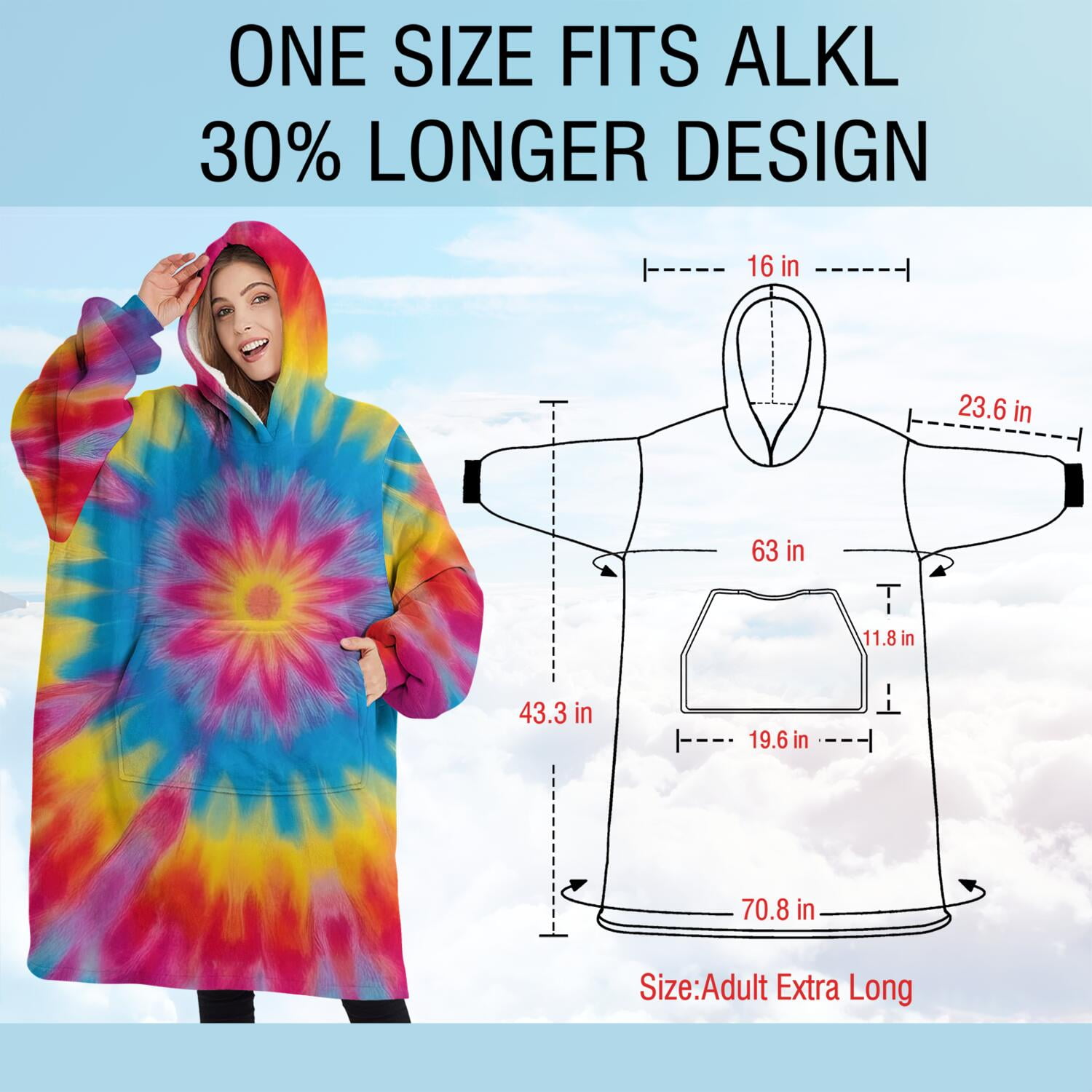 Oversized Wearable Blanket Hoodie,Colorful Tie Dye Mandala Pattern Sherpa Blanket Hoodie with Super Pockets,Super Warm Fuzzy Pullover for Women & Men
