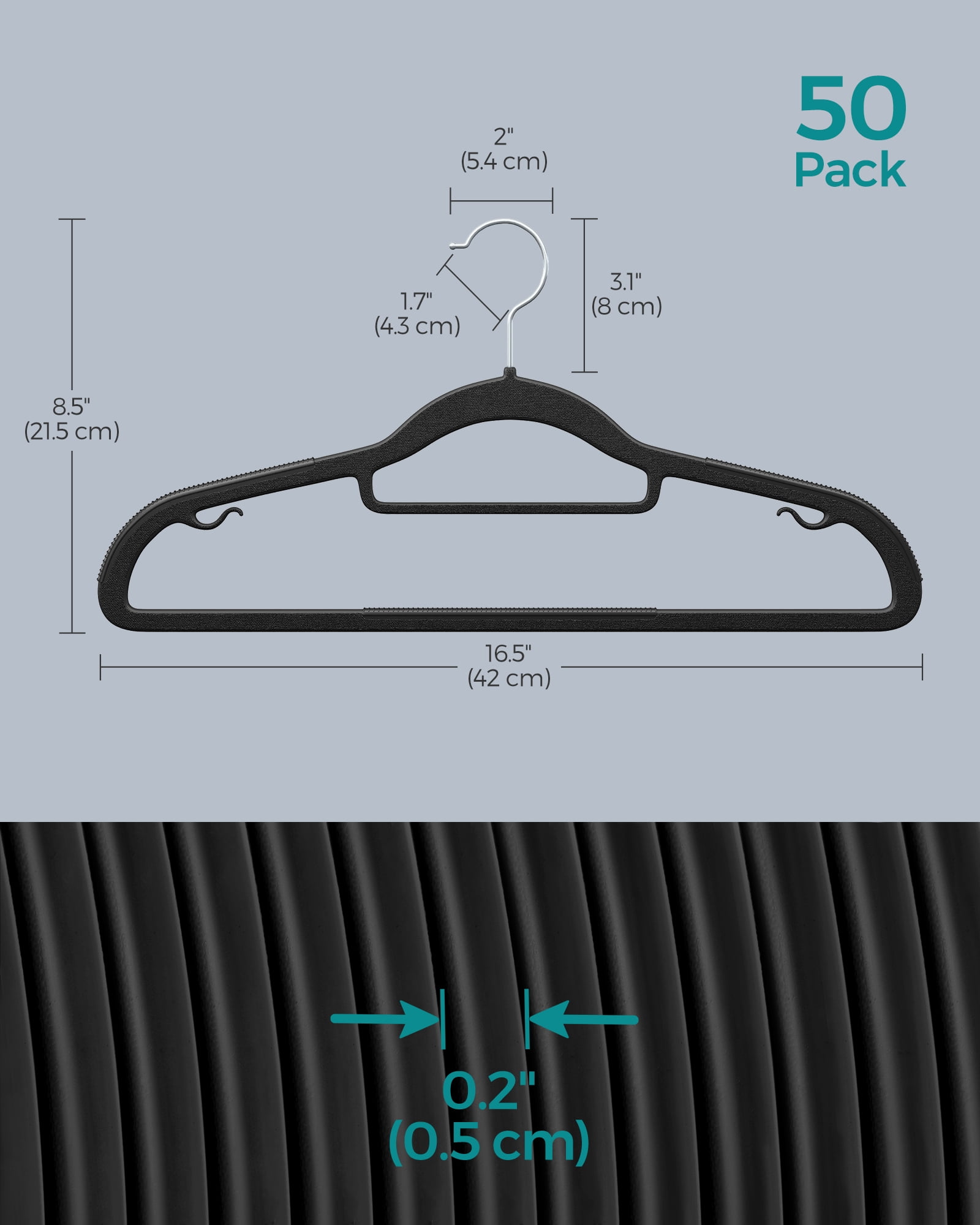 50 Pack Coat Hangers Non-Slip Clothes Hangers Space-Saving Plastic Hangers 360°Swivel Silver Hook Black