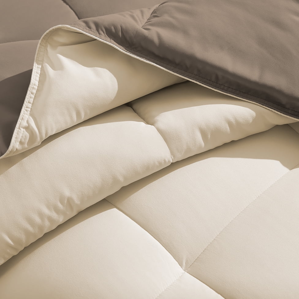 Bare Home Microfiber 5-Piece Sand/Taupe Comforter, Taupe Sheet Set Reversible Bed in a Bag, Full