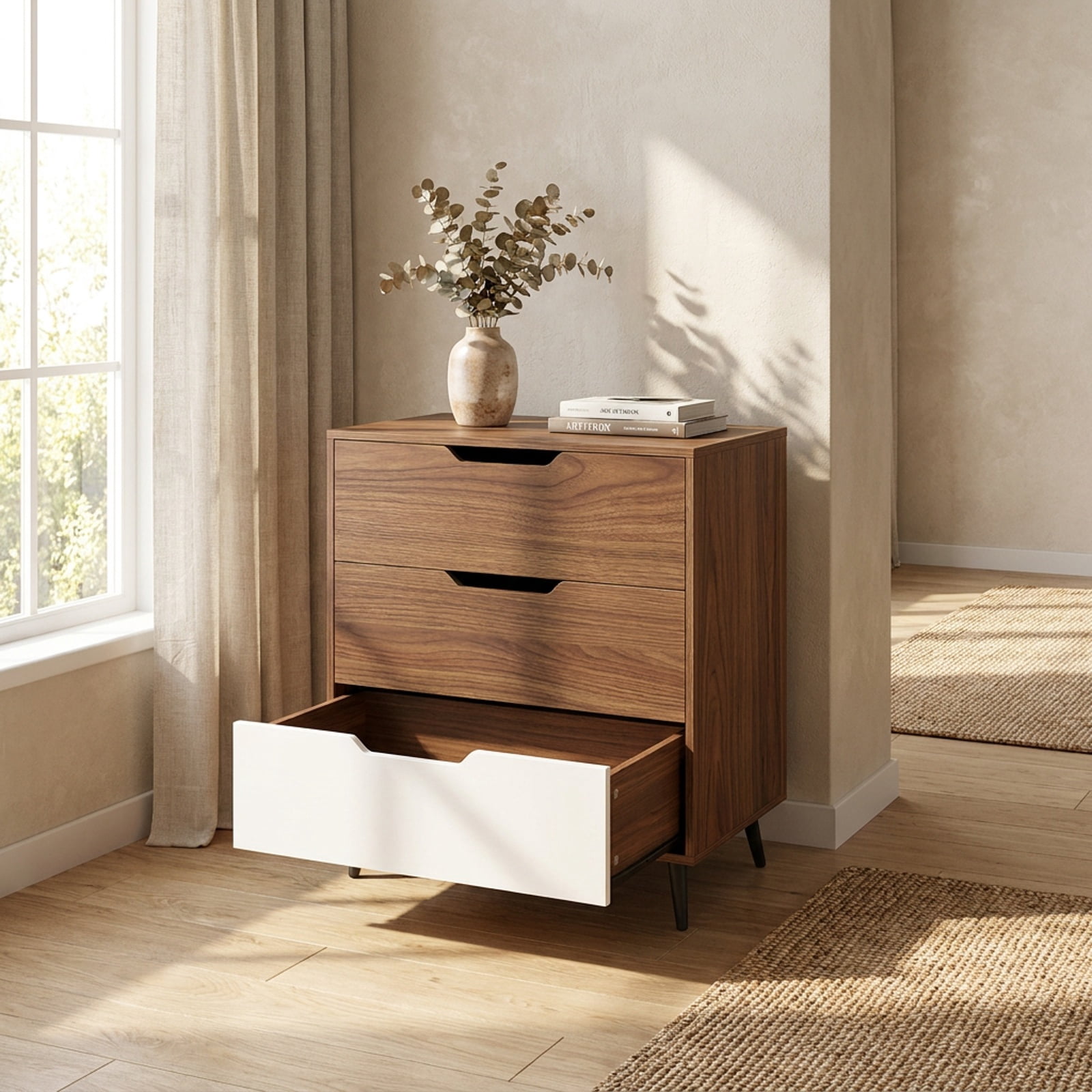 Furnibear 3-Drawer Rustic Farmhouse Wooden Storage Dresser for Bedroom Closet Living Room Nursery Clothes Storage, Walnut