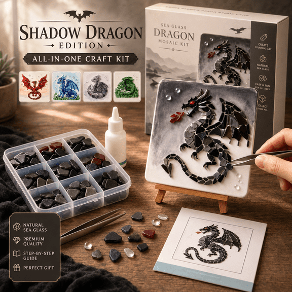 Dragon Sea Glass Art Kit for Adults, DIY Mosaic Craft Project with Dragon Pattern, Glass Pieces, Tweezers, Adhesive and Mini Easel, Creative Fantasy Art Gift
