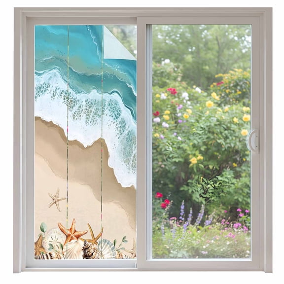 Coastal Beach Ocean Window Privacy Film, Nautical Starfish Shells Conch Static Cling UV Sun Blocking Heat Control Window Tint Day and Night, Non-Adhesive One Way Windows Privacy Cover 35.4''x78.7''