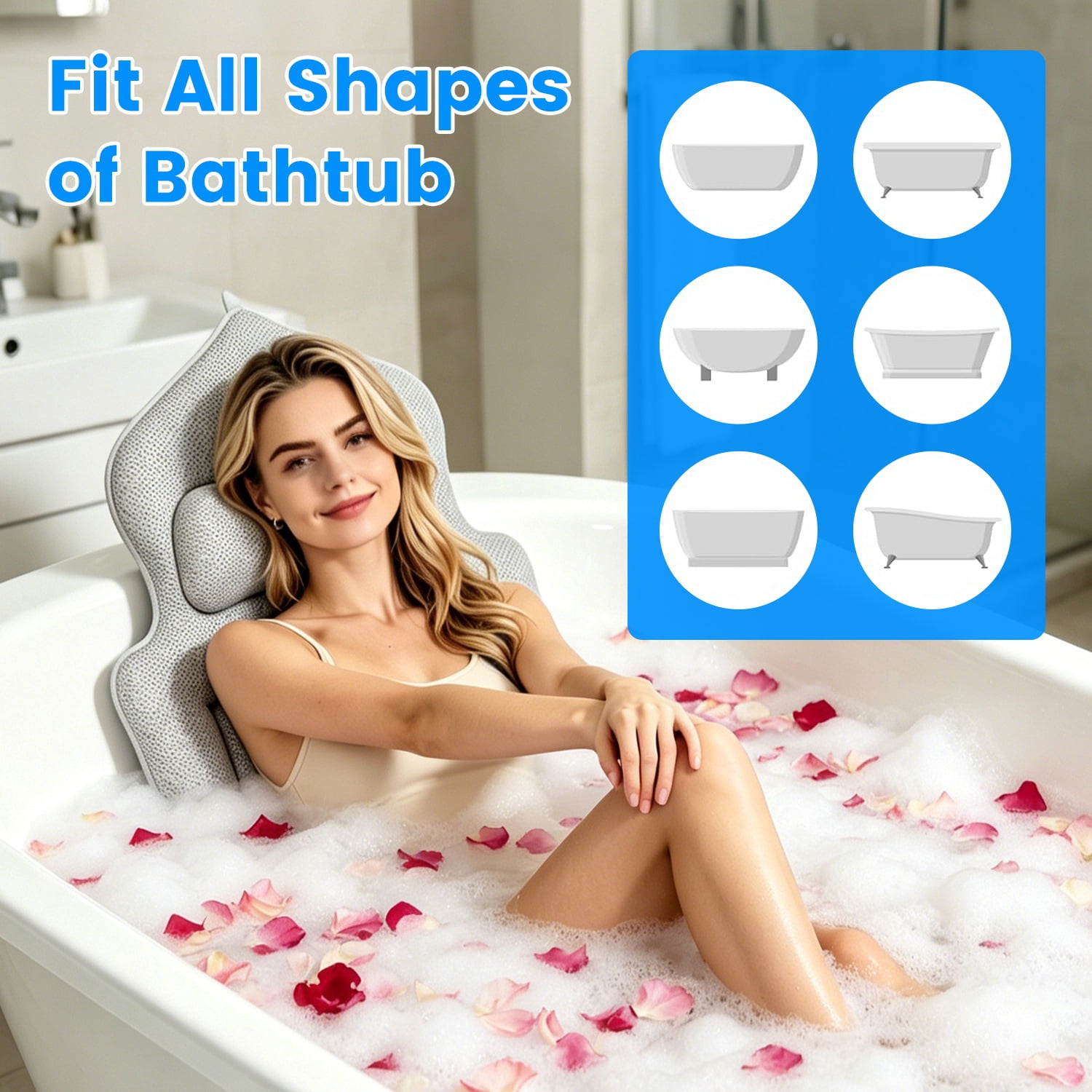 Full Body Bathtub Pillow with Lumbar Support, 4D Honeycomb Mesh Bath Cushion with 192 Suction Cups, Non-Slip Washable Spa Bath Pillow with Hanging Hook