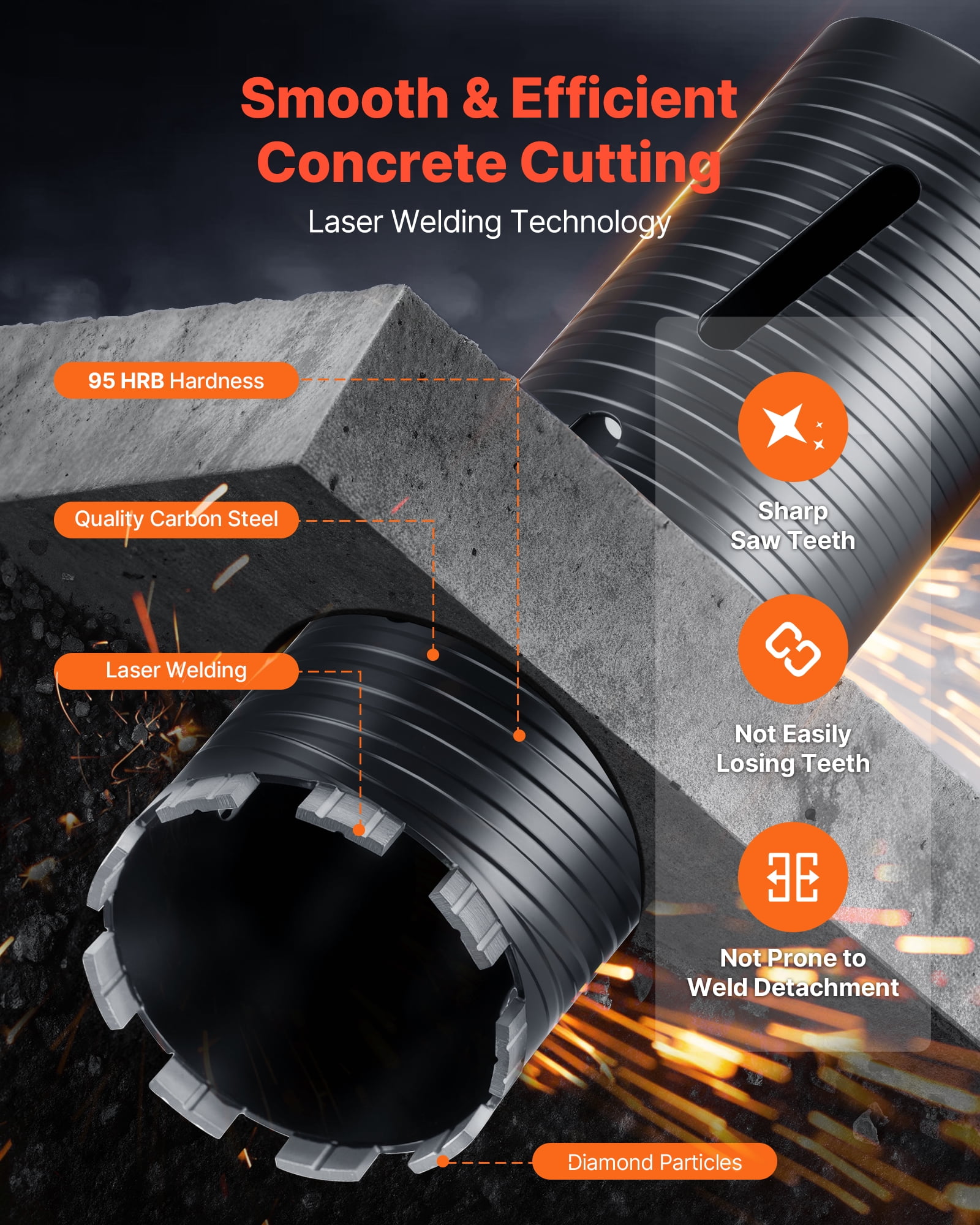 VEVOR Core Drill Bit, 4-1/4 inch Diameter, 9-1/2 inch Drilling Depth, 5/8-11 Internal Thread, Diamond Dry Coring Bit with 3 Adapters, Pilot Drill and Hex Wrench, for Concrete, Red Bricks, and Masonry