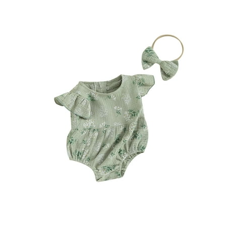 

Qtinghua 2PCS Newborn Baby Girls Summer Outfits Floral Print Ruffle Romper Jumpsuit and Headband Clothes Green 12-18 Months