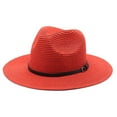 thumbnail image 2 of Straw Sun Hats for Women Men Panama Fedora Summer Hat with Leather Belt Wide Brim Beach Sun Jazz Cap, 2 of 5
