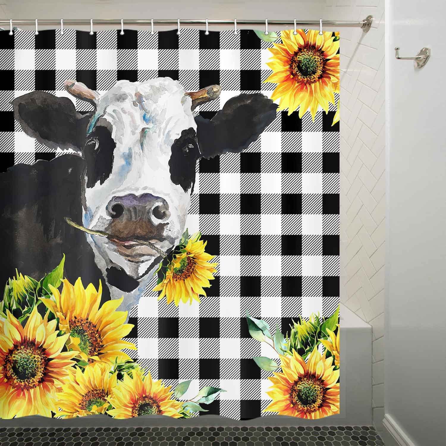 Farmhouse Cow Shower Curtain, Buffalo Check Plaid Fabric Shower Curtains for Bathroom, Cow with Sunflower Floral Decor Bath Curtains Set with Hooks 70 x 70 Inches