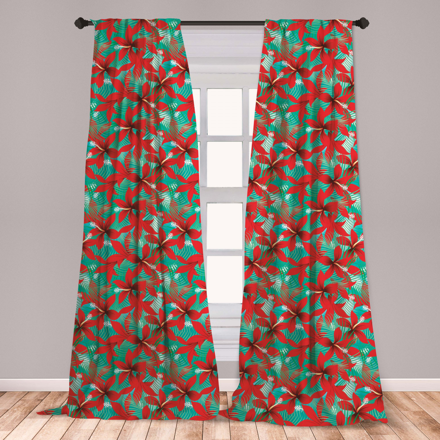 Hawaiian Curtains 2 Panels Set, Red Hibiscus Flowers with Green Leaves