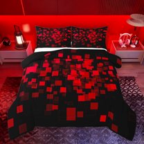 Homewish Black Red Honeycomb Queen Comforter Set, Chic Rectangle Square Bedding Sets, Teens Kids Boys Girls Reversible Bedding Comforter Set, Ultra Soft Bedroom Decor, 3 Pieces