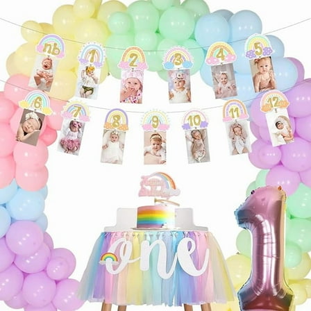 Rainbow 1st Birthday Party Decorations for Girls, Pastel Macaroon Balloons Garland Arch Kits - Balloons, Photo Banner, Highchair Banner - Bday First Birthday Party Supplies Set