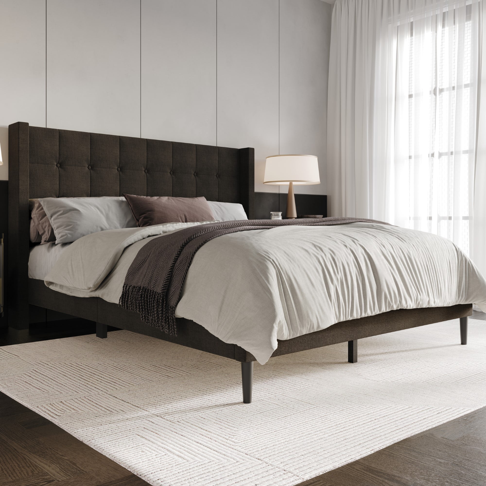 Home Design Danville Queen Tufted Upholstered Platform Bed with Wingback Headboard and Foam Cushion, Dark Brown, Easy Assembly