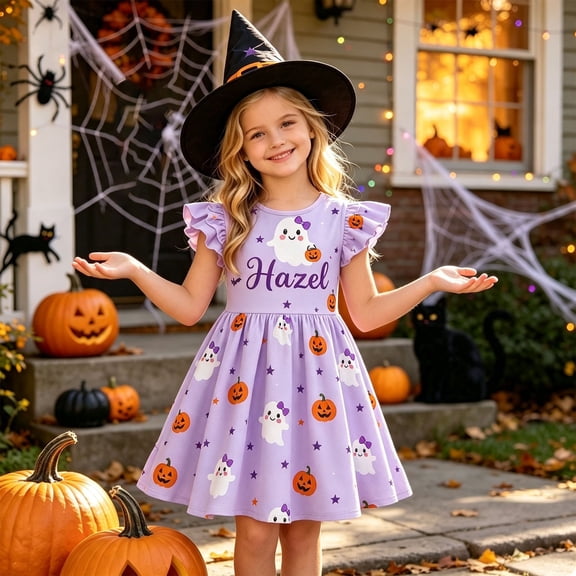 Girls Dresses Halloween Outfits Kids A-Line Cute Midi Casual Sundress Cartoon Printed Flutter Sleeve Dress (Purple)