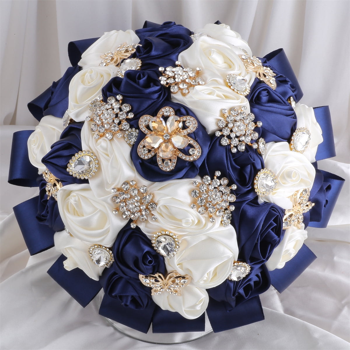 Namzi -a Handmade Luxury Wedding Bridal Bouquet Large Silk Rose Holding Toss Artificial Flowers Bouquets Bride Vintage Royal Wedding Bouquet (Dark Blue+White)