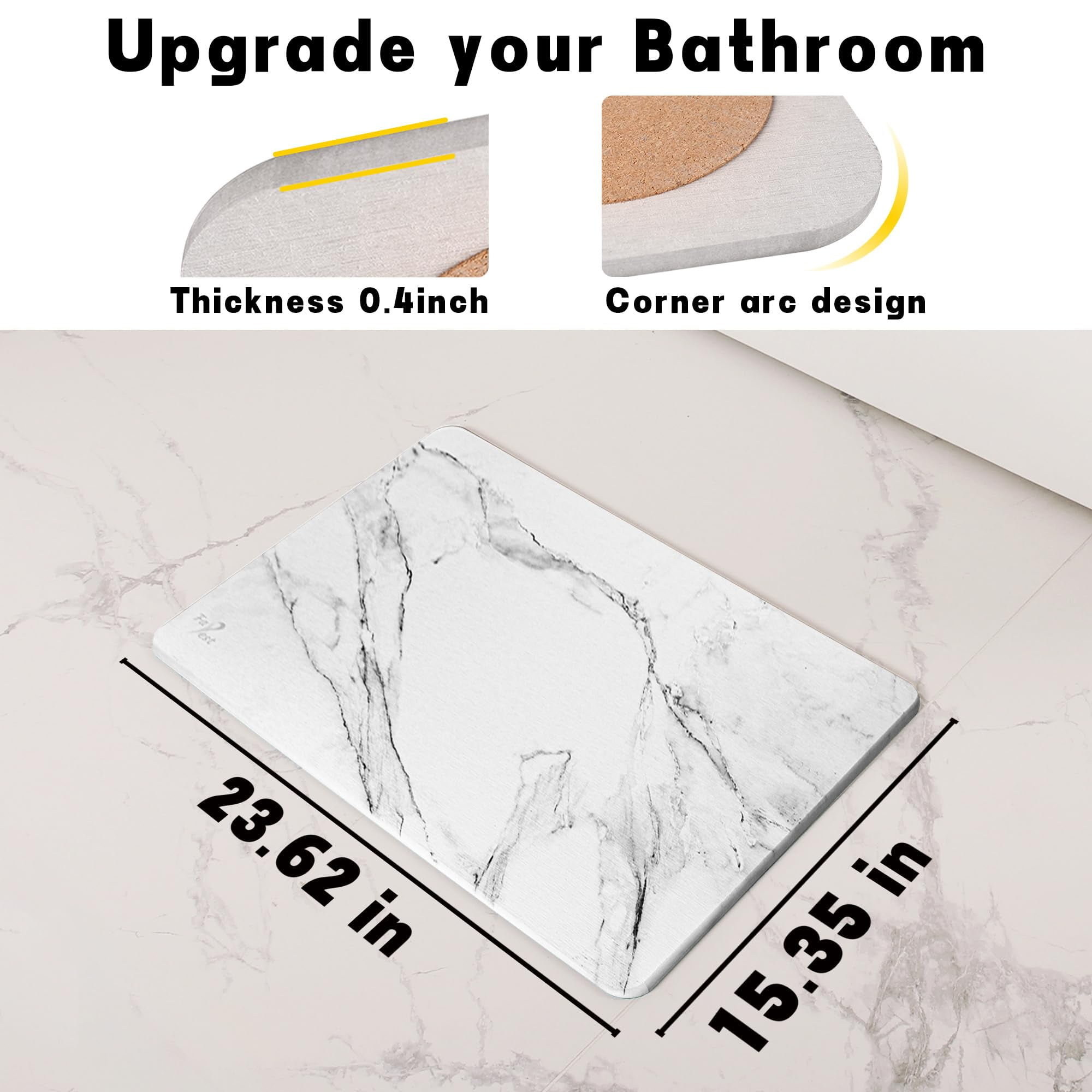 Stone Bath Mat, Diatomaceous Earth Fast-Drying & Absorbent Shower Mat, Non-Slip Diatomite Bathroom Floor Mat for Bathtub, White Marble