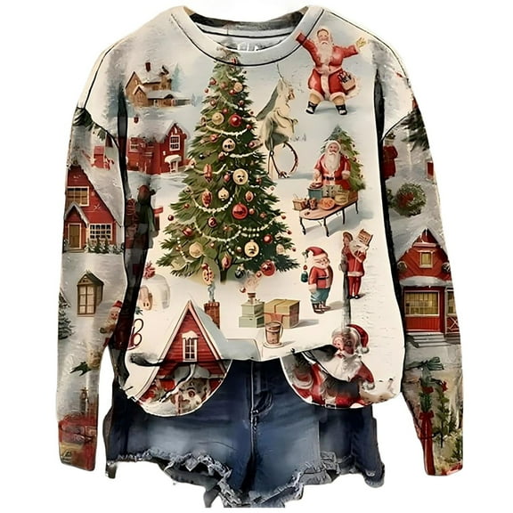 Ounisa Women's Christmas Sweatshirts Cute Christmas Tree Snowman Snowflake Graphic Long Sleeve Crewneck Shirt Xmas Holiday Party Pullover Blouse