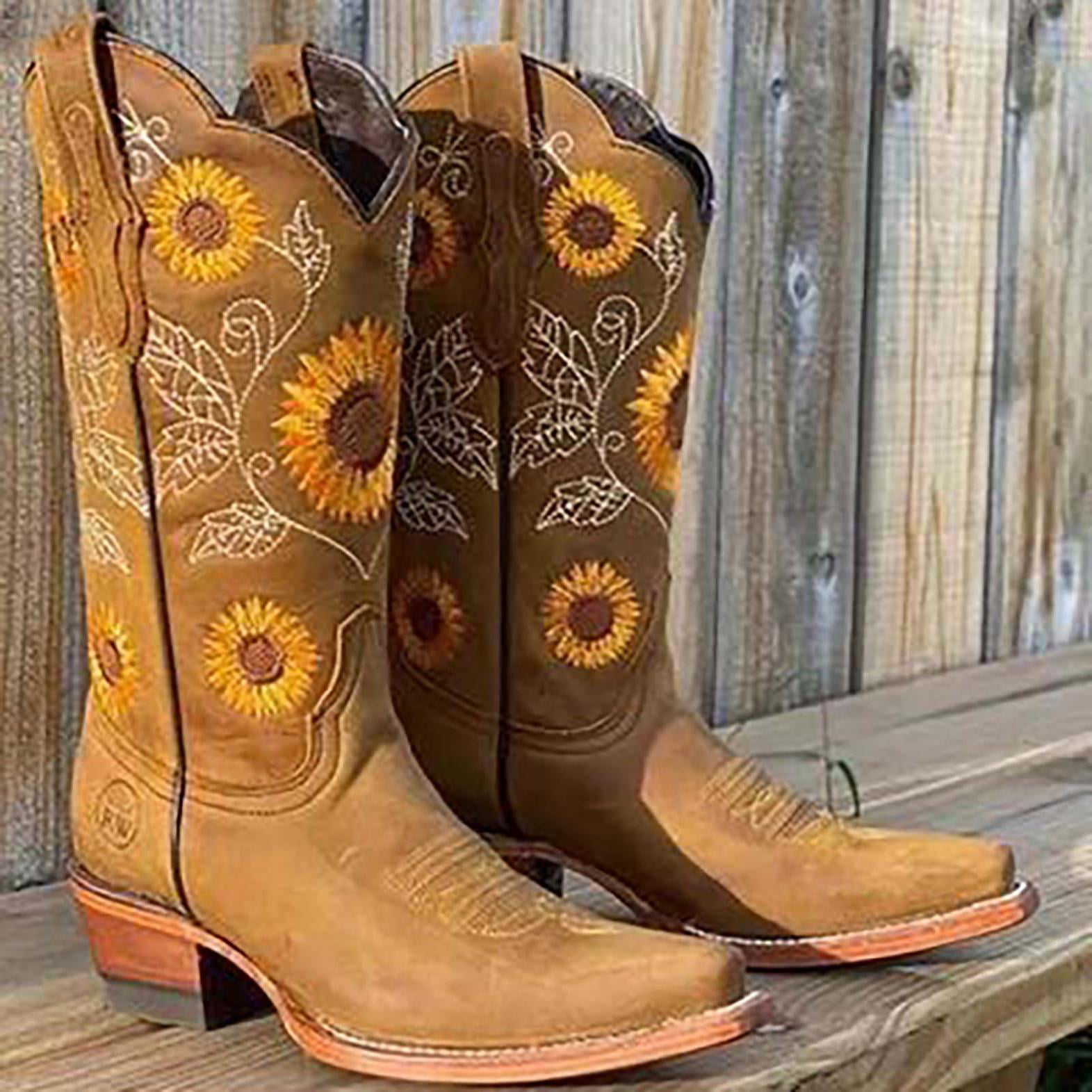 Womens Boots Western Boots Fashion Sunflowers Embroidered Round Toe Mid Calf Chunky Heel Cowboy Boots Comfortable Square Heel Slip-on Casual Shoes 