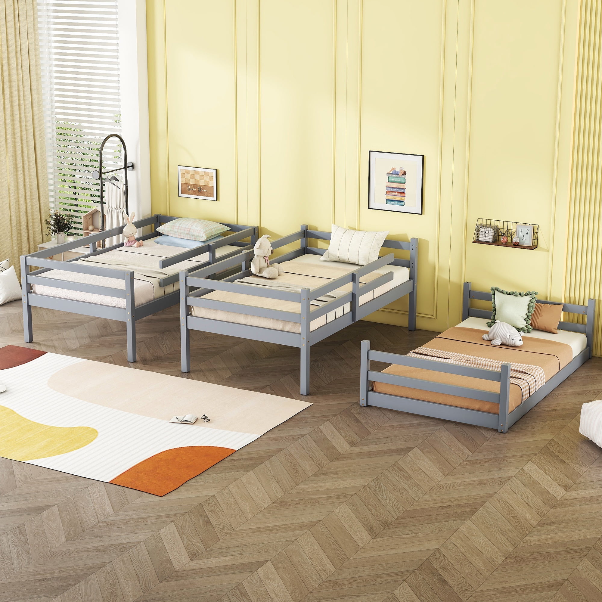 Sailvan Bunk Bed Twin over Twin over Twin with Two Built-in Ladders Guardrails, Wood, Detachable Triple Twin Bunk Bed