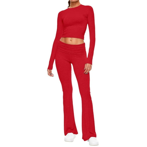 2DXuixsh Women's 2 Piece Sets Fold Over Flare Pants Set Long Sleeve Cropped Top Casual Outfits Pajamas Matching Sets Women Clothing Red Size L
