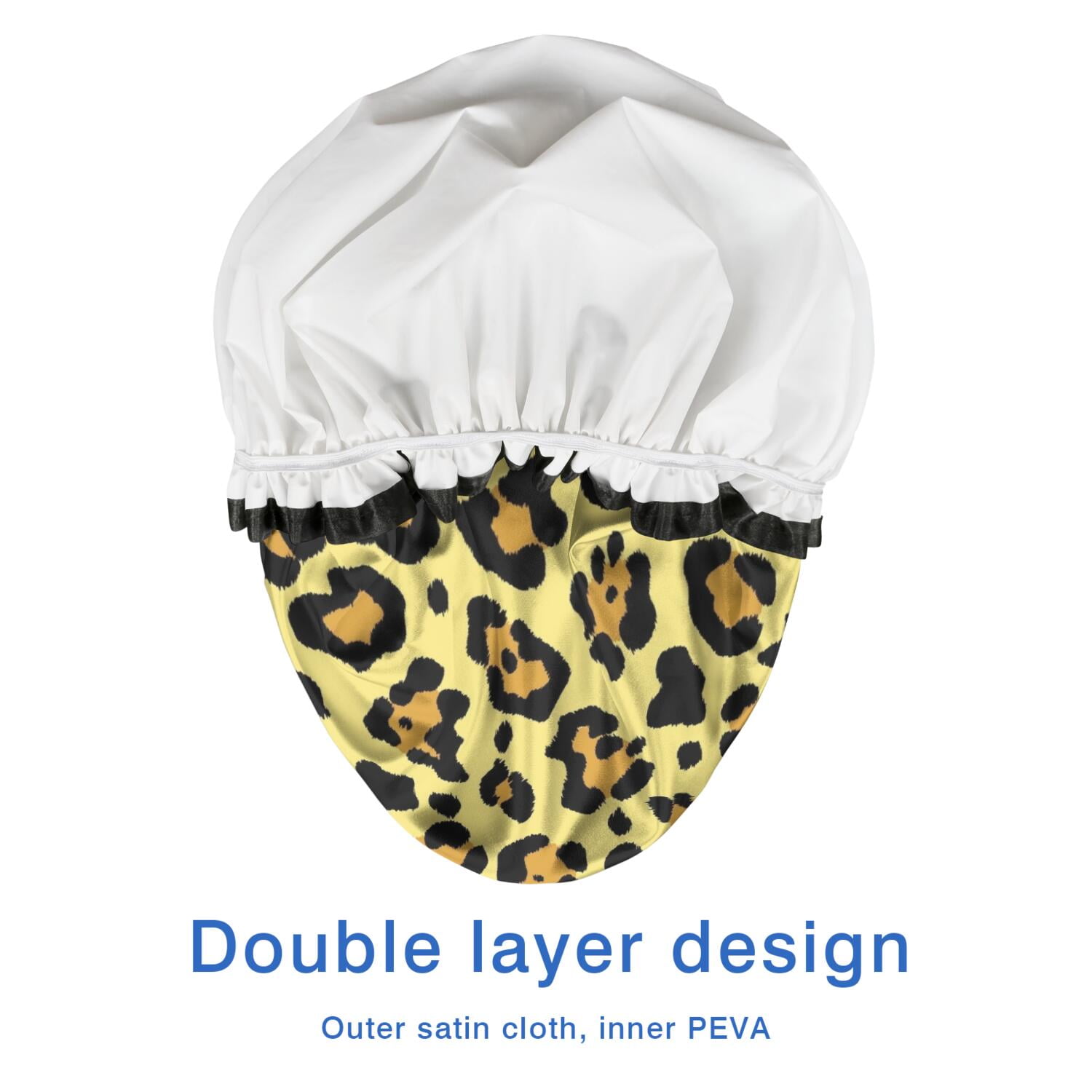 Shower Caps,Yellow and Black Leopard Pattern Waterproof Shower Cap for Women 4 Pieces,Double Reusable Hair Cover for Shower PEVA Elastic Stretch Hem