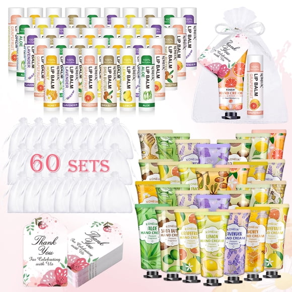 Set de crema de manos y bálsamo labial KONEUK, paquete de 60 con bolsas de regalo