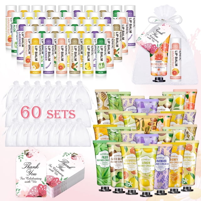 Set de crema de manos y bálsamo labial KONEUK, paquete de 60 con bolsas de regalo