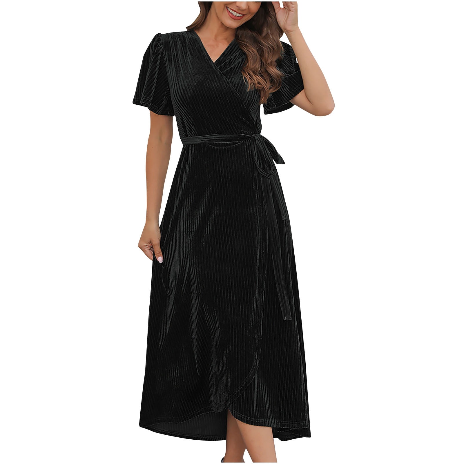 OSFVNOXV Maxi Dresses for Women Vintage Velvet Dress High Waisted Short Sleeve V-Neck Flowy Gown Wedding Guest Party Dress
