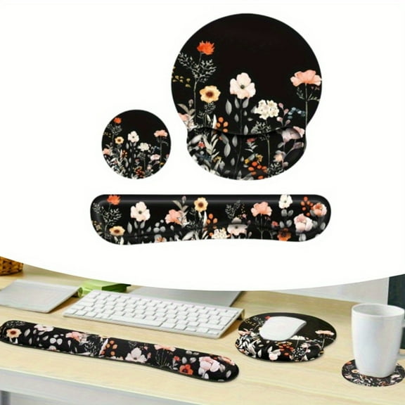 Gel Mouse Pad and Keyboard Wrist Rest Set, Ergonomic Support with Garden Flowers Design for Pain Relief, Office Typing, and Gaming
