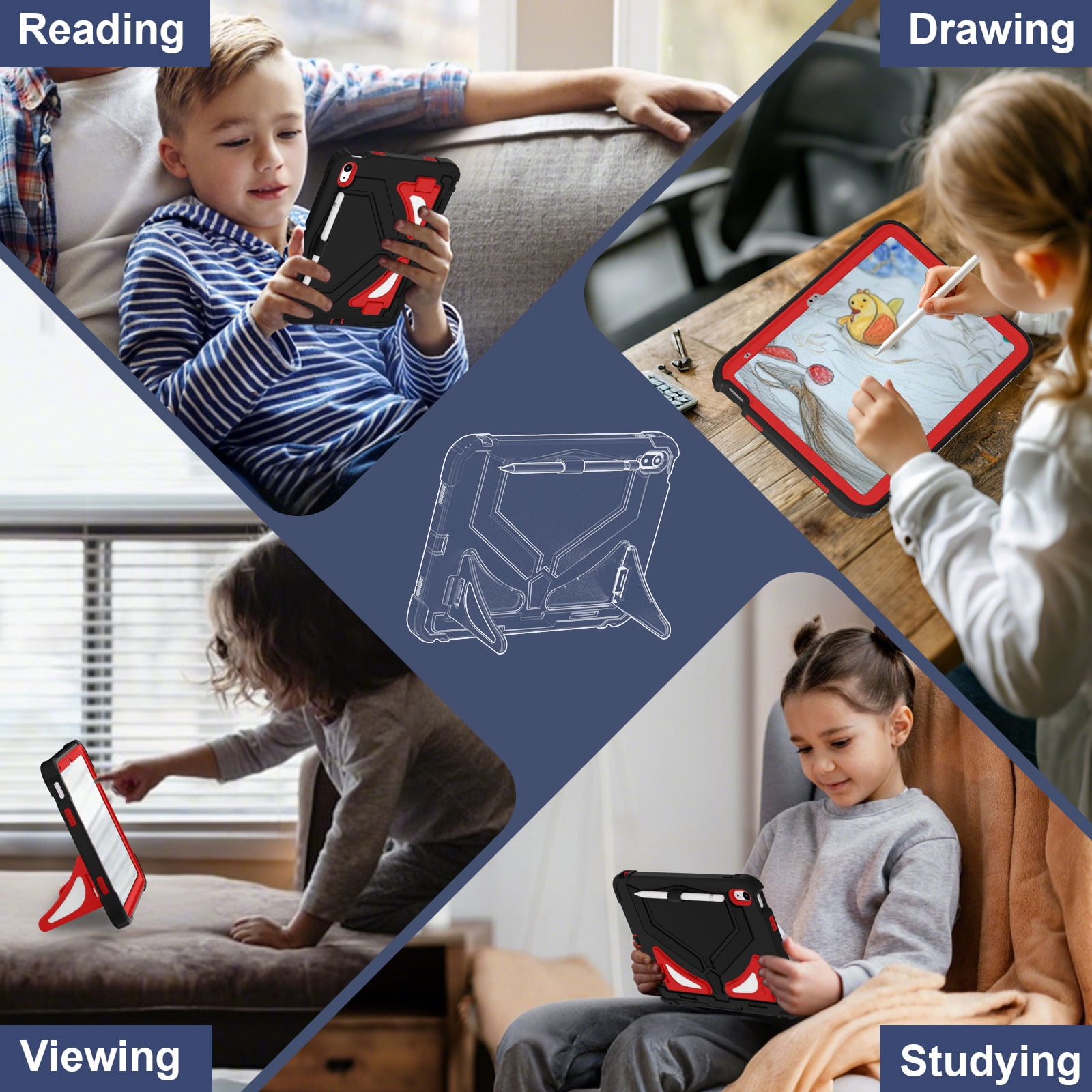 Dteck Case for 2025 Apple 11-inch iPad A16/ 10.9-inch iPad 10th Generation 2025 Cover with Pencil Holder Screen Protector Shoulder Strap Kicsktand Thickned Cornor for Kids Boys,Black Red