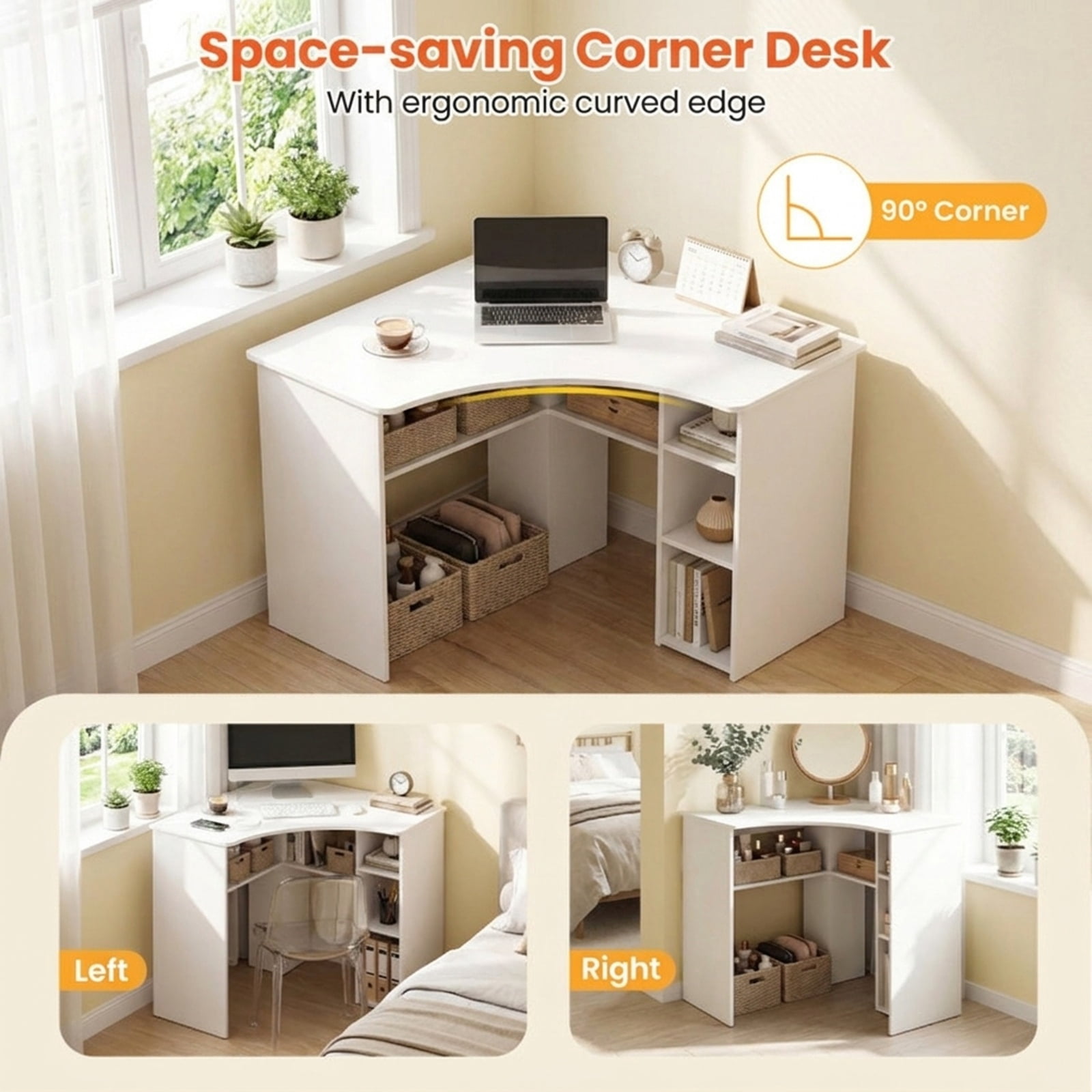 Furnibear Corner Computer Desk with Adjustable Shelf and Arc-Shaped Profile Triangle Home Office Desk with Open Shelves for Study, White