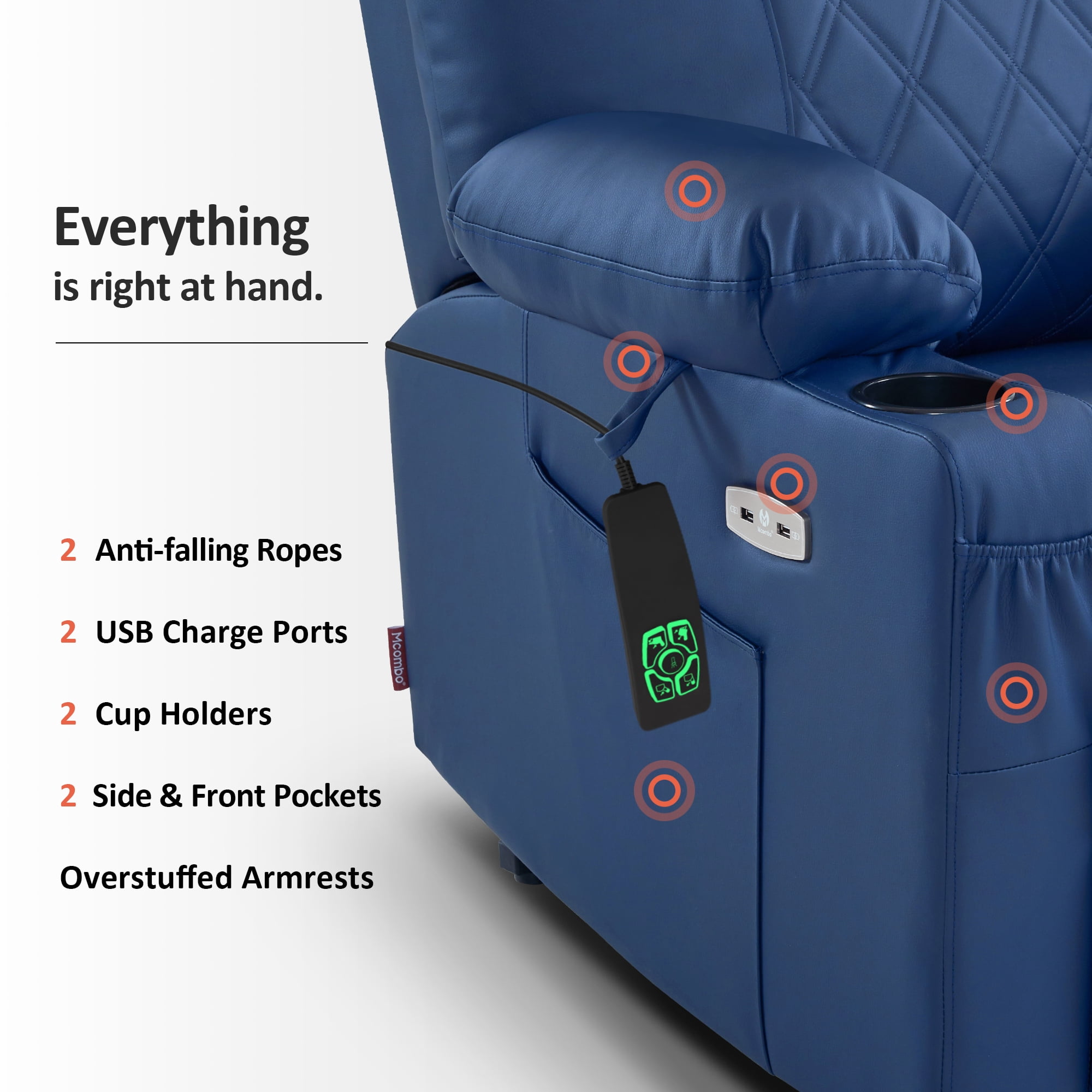 MCombo Small Size Electric Power Lift Recliner Chair Sofa with Massage and Dual Heating, Adjustable Headrest for Elderly People Petite, USB Ports, Extended Footrest, Faux Leather 7111 (Blue, Small)
