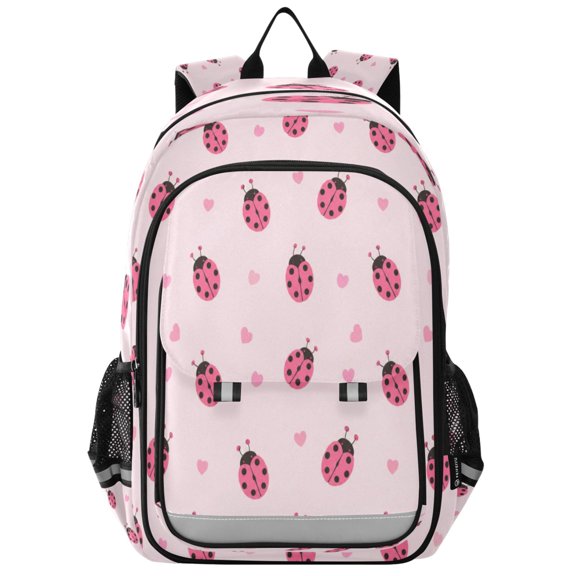 School Backpack for Teens 17L Lightweight Bookbag with Reflective Strips Pink Ladybug Pattern