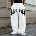 thumbnail image 3 of Men's Gothic Letter Graphic Wide Leg Sweatpants Elastic Waist Drawstring Loose Fit Hip Hop Street Casual Baggy Trousers for Everyday Outfit White M, 3 of 5