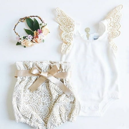 

Newborn Toddler Baby Girl Clothes Tops Romper +Lace Shorts Pants Outfits Set