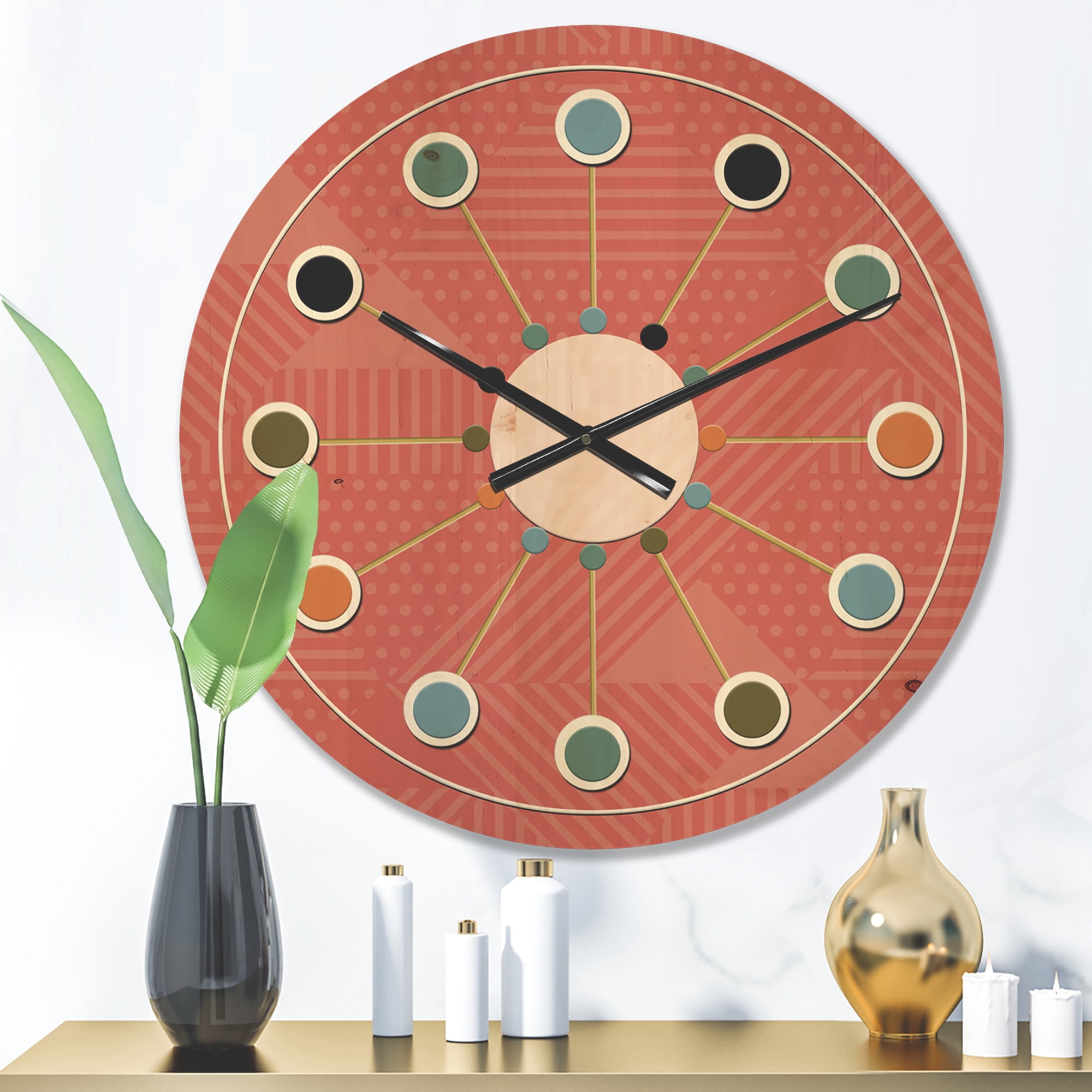 Designart 'Triangual Coral Retro Pattern' Mid-Century Modern Wood Wall Clock