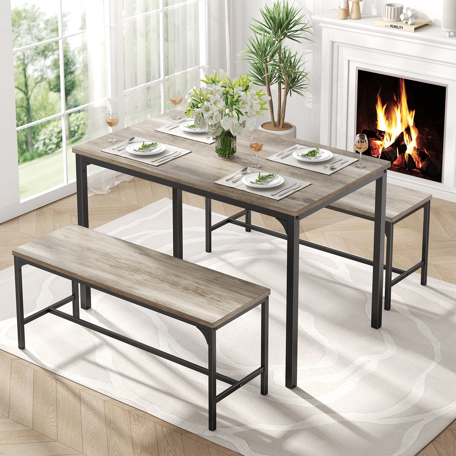 CONCETTA 3-Piece Dining Table Set with 1 Table,2 benches,Space-Saving Small Dining Set for 2–4 People for Apartment, Daily Meals & Bistro, Gray